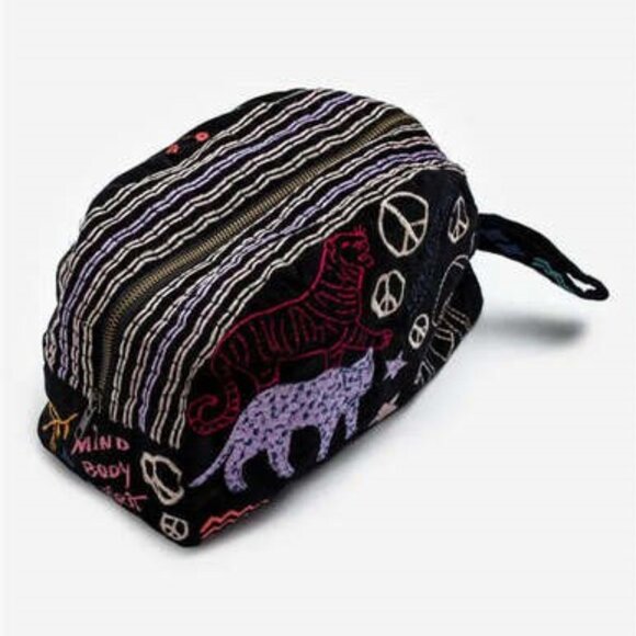 Johnny Was Cotton Embroidered Zipper Cosmetic Bag Handbag Makeup Purse Black NEW - Picture 4 of 6